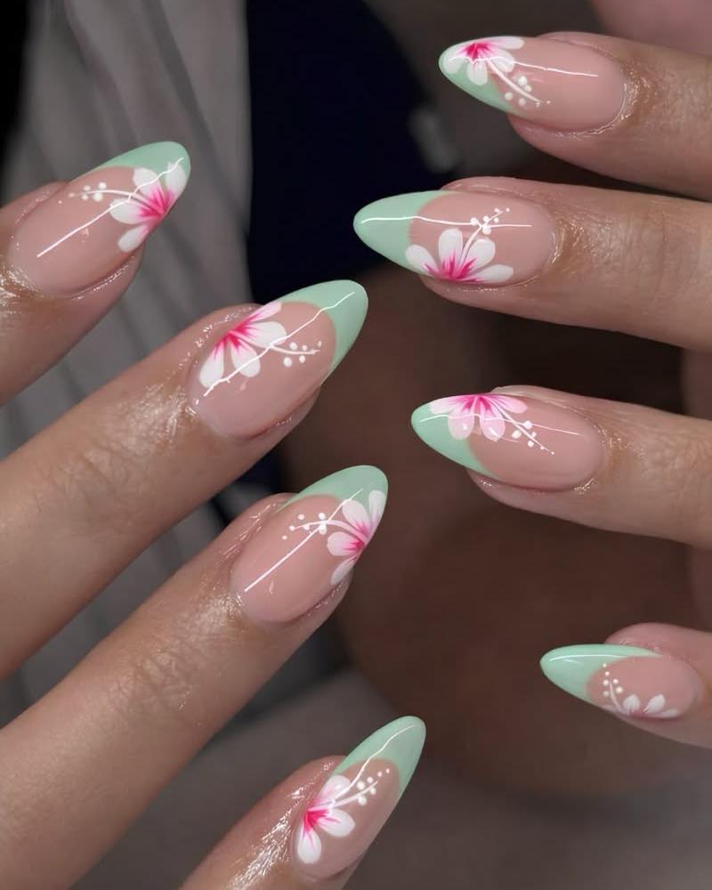 Green-Nails-with-Floral-Art