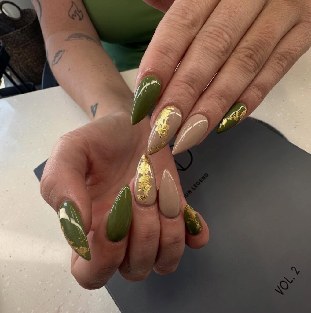 Olive Green Nail Ideas with Gold Accents