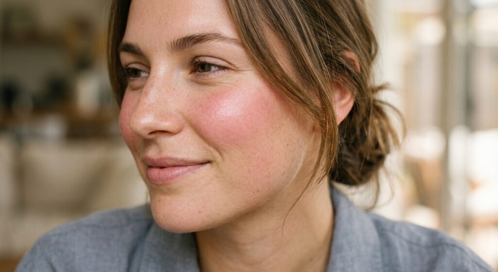 Natural rosy cheeks blush look closeup